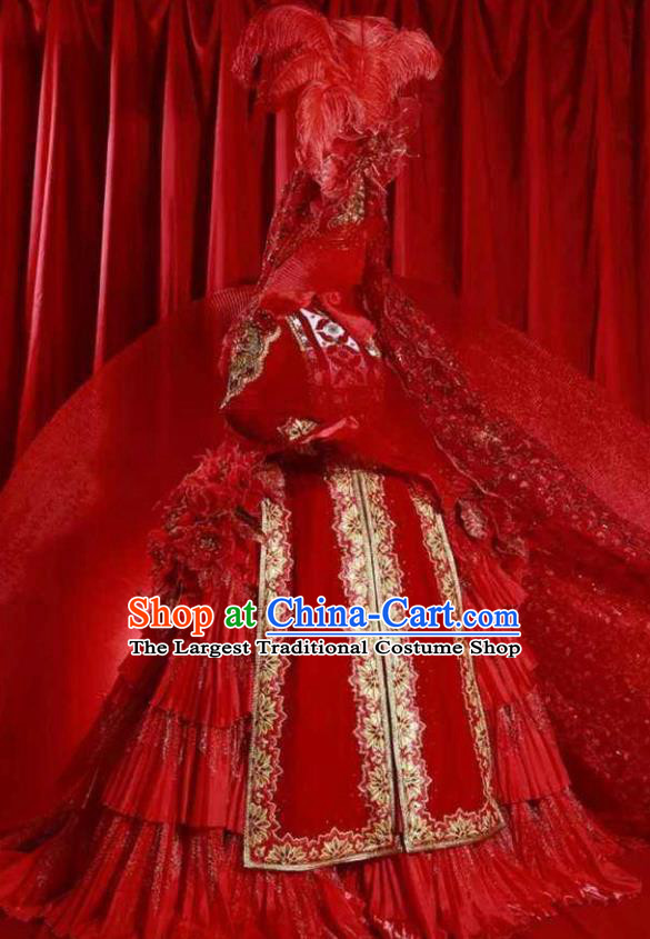 Chinese Back to the Silk Road Kazak Nationality Bride Dance Red Dress Stage Performance Ethnic Costume for Women