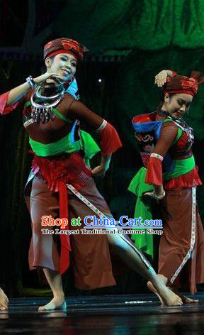 Chinese The Ship Legend of Huashan Zhuang Nationality Dance Brown Dress Stage Performance Costume and Headpiece for Women
