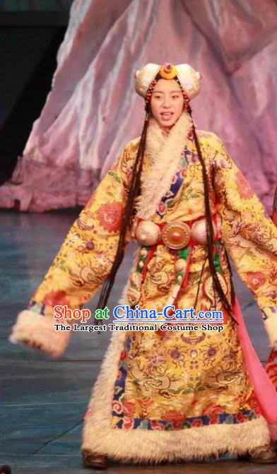 Chinese Impression Tibetan Zang Nationality Dance Dress Stage Performance Costume and Headpiece for Women