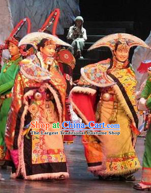 Chinese Impression Tibetan Zang Nationality Dance Robe Stage Performance Costume and Headpiece for Women