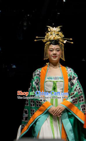 Chinese Encore Dunhuang Tang Dynasty Queen Dance Green Dress Stage Performance Costume and Headpiece for Women