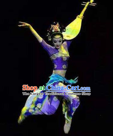 Chinese Encore Dunhuang Classical Dance Purple Dress Stage Performance Costume and Headpiece for Women