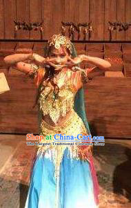 Chinese Shapotou Celebration Indian Dance Dress Ethnic Stage Performance Costume and Headpiece for Women