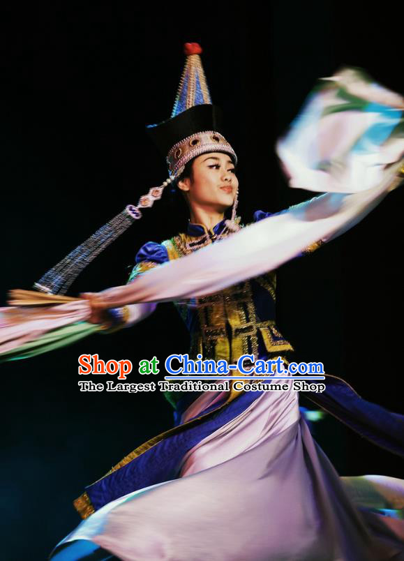 Chinese Oriental Apparel Mongol Nationality Dance Royalblue Dress Stage Performance Ethnic Costume and Headpiece for Women