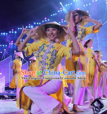 Chinese The Dream Of The Beibu Gulf Yao Nationality Dance Yellow Dress Stage Performance Costume and Headpiece for Women