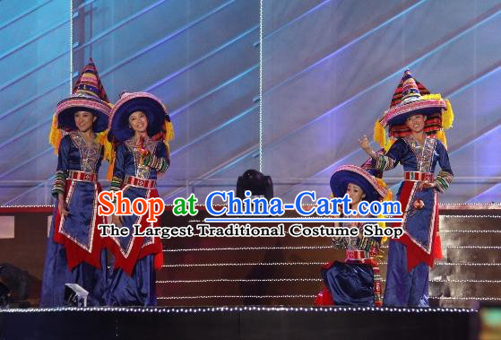 Chinese The Dream Of The Beibu Gulf Yao Nationality Dance Blue Dress Stage Performance Costume and Headpiece for Women