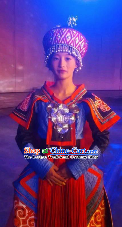 Chinese Xijiang Grand Ceremony Miao Nationality Dance Wedding Dress Stage Performance Costume and Headpiece for Women