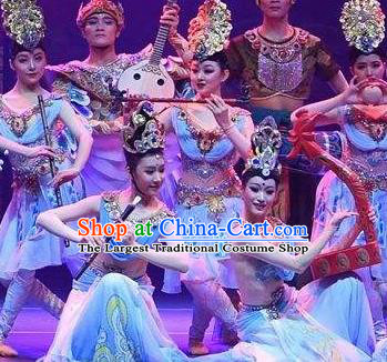 Chinese The Ancient Dunhuang Music Theatre Classical Dance Flying Apsaras Blue Dress Stage Performance Costume and Headpiece for Women