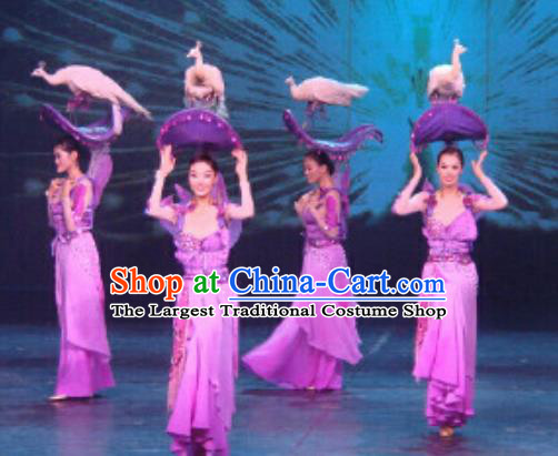 Chinese Golden Mask Dynasty Classical Dance Purple Dress Stage Performance Costume and Headpiece for Women