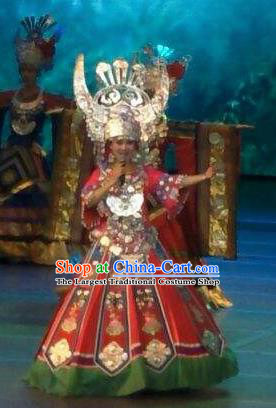 Chinese Wind Of Colorful Guizhou Miao Nationality Dance Red Dress Stage Performance Costume and Headpiece for Women