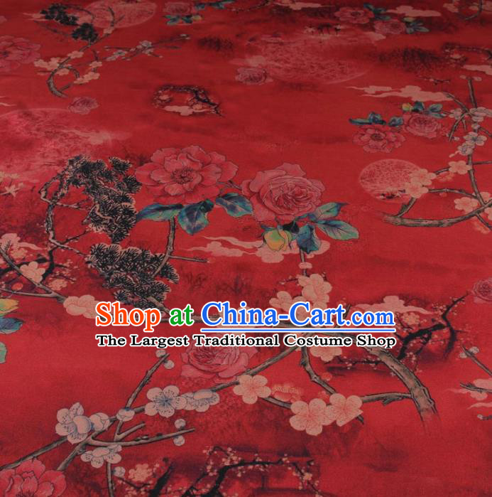 Traditional Chinese Classical Plum Peony Pattern Red Gambiered Guangdong Gauze Silk Fabric Ancient Hanfu Dress Silk Cloth
