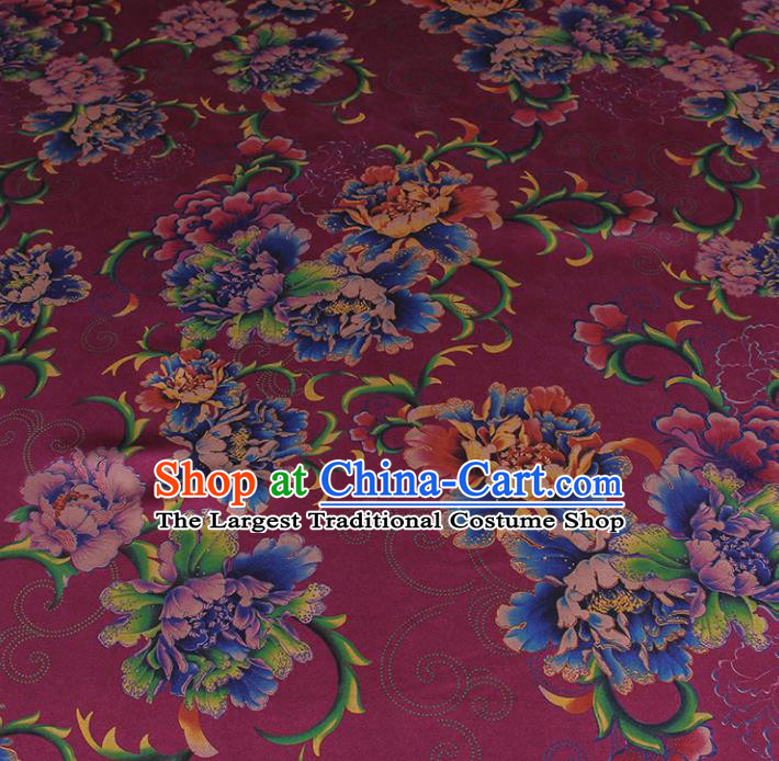 Traditional Chinese Classical Peony Pattern Deep Purple Gambiered Guangdong Gauze Silk Fabric Ancient Hanfu Dress Silk Cloth