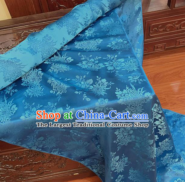 Chinese Classical Chrysanthemum Pattern Blue Silk Fabric Traditional Ancient Hanfu Dress Brocade Cloth