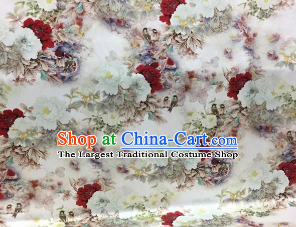 Traditional Chinese Classical Peony Pattern White Silk Fabric Ancient Hanfu Dress Brocade Cloth