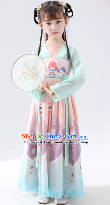 Chinese Traditional Tang Dynasty Girls Printing Light Blue Hanfu Dress Ancient Princess Costume for Kids