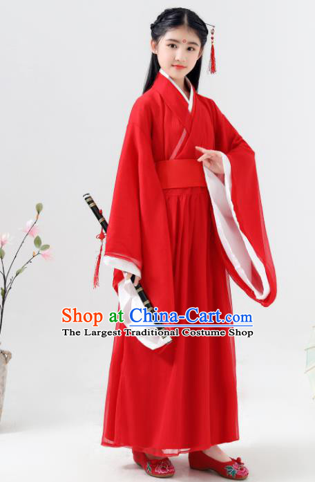 Chinese Traditional Jin Dynasty Girls Swordsman Red Hanfu Dress Ancient Princess Costume for Kids