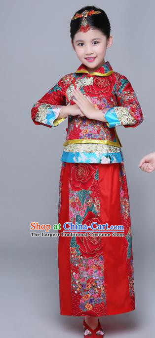 Chinese Traditional Qing Dynasty Girls Wedding Dress Ancient Court Princess Costume for Kids