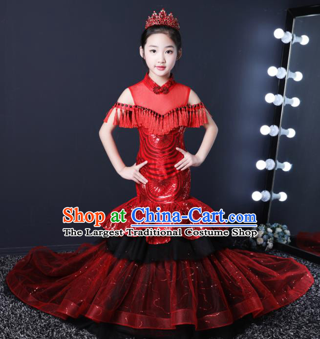 Top Grade Children Day Dance Performance Red Veil Trailing Dress Kindergarten Girl Stage Show Costume for Kids