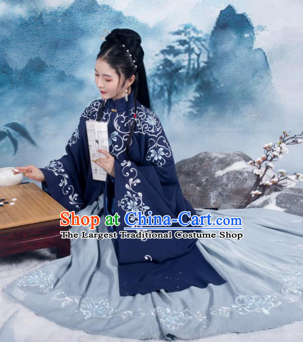 Traditional Chinese Ming Dynasty Royal Princess Replica Costumes Ancient Nobility Lady Navy Hanfu Dress for Women