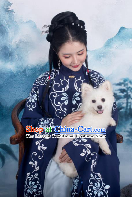 Traditional Chinese Ming Dynasty Royal Princess Replica Costumes Ancient Nobility Lady Navy Hanfu Dress for Women