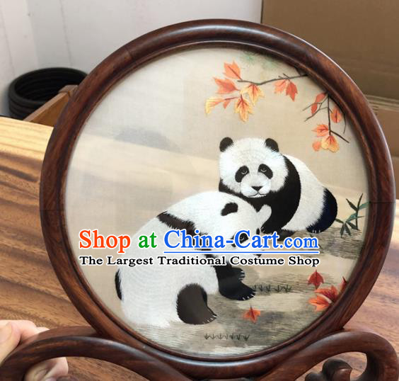 Chinese Traditional Suzhou Embroidery Panda Desk Folding Screen Embroidered Rosewood Decoration Embroidering Craft
