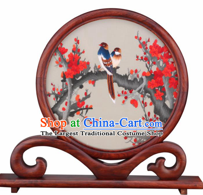 Chinese Traditional Suzhou Embroidery Red Plum Desk Folding Screen Embroidered Rosewood Decoration Embroidering Craft