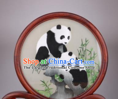 Chinese Traditional Suzhou Embroidery Double Panda Desk Folding Screen Embroidered Rosewood Decoration Embroidering Craft