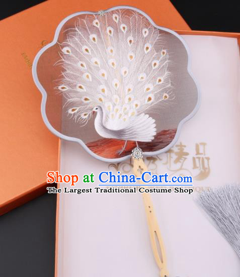 Chinese Traditional Suzhou Embroidery White Peacock Palace Fans Embroidered Fans Embroidering Craft
