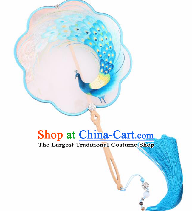 Chinese Traditional Suzhou Embroidery Blue Peacock Palace Fans Embroidered Fans Embroidering Craft
