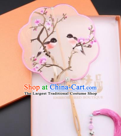 Chinese Traditional Suzhou Embroidery Plum Birds Palace Fans Embroidered Fans Embroidering Craft