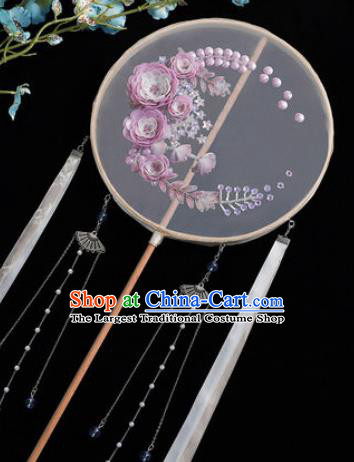 Chinese Traditional Handmade Embroidery Purple Camellia Silk Round Fan Embroidered Palace Fans