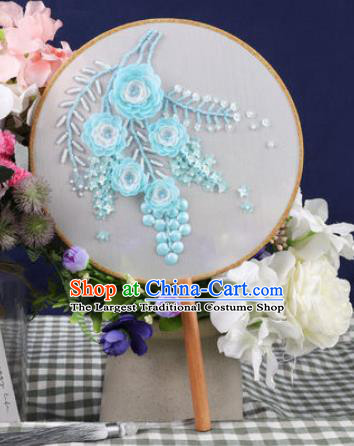 Chinese Traditional Handmade Embroidery Light Blue Camellia Round Fan Embroidered Palace Fans