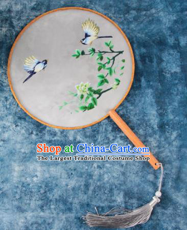 Chinese Traditional Handmade Embroidery Green Flower Round Fan Embroidered Palace Fans