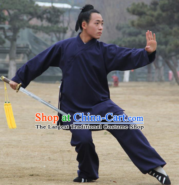 Chinese Traditional Martial Arts Navy Outfits Kung Fu Taoist Priest Tai Chi Costume for Men