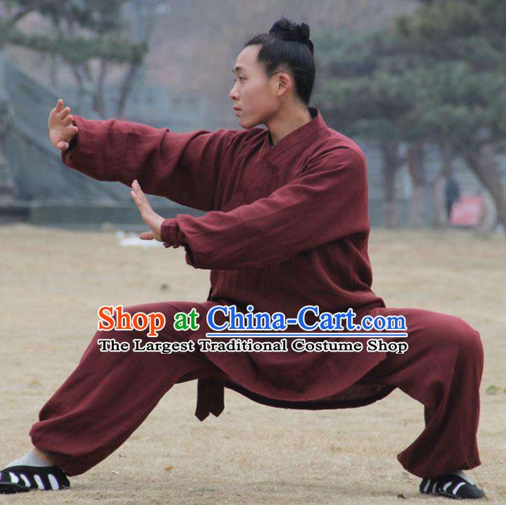 Chinese Traditional Martial Arts Purplish Red Outfits Kung Fu Taoist Priest Tai Chi Costume for Men