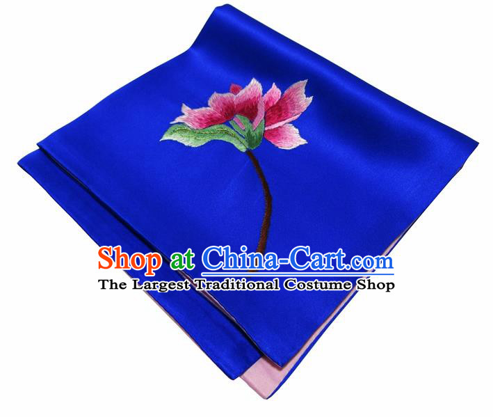 Chinese Traditional Handmade Embroidery Magnolia Royalblue Silk Handkerchief Embroidered Hanky Suzhou Embroidery Noserag Craft