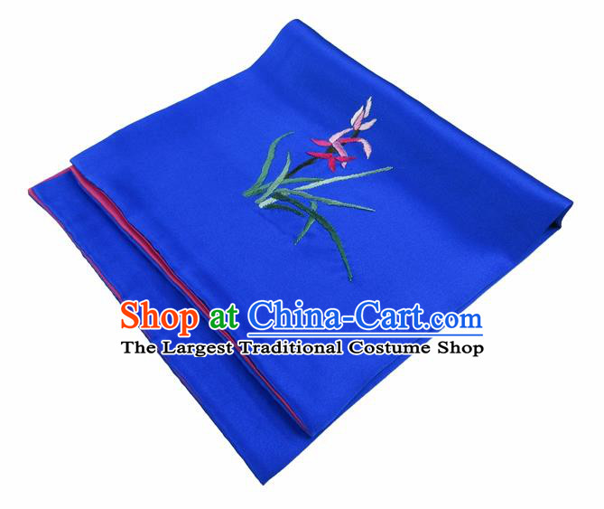 Chinese Traditional Handmade Embroidery Orchid Royalblue Silk Handkerchief Embroidered Hanky Suzhou Embroidery Noserag Craft