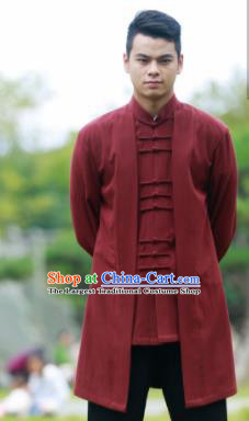 Traditional Chinese Kung Fu Tai Chi Purplish Red Flax Jacket Martial Arts Competition Costume for Men