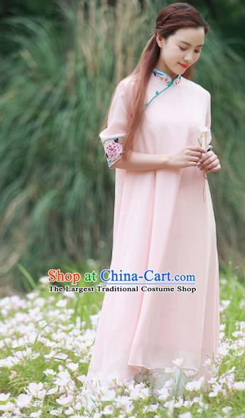 Chinese Traditional Tang Suit Pink Silk Qipao Dress Classical Embroidered Cheongsam Costume for Women