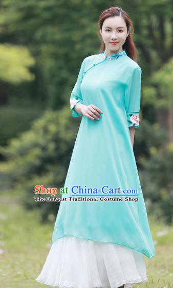 Chinese Traditional Tang Suit Green Silk Qipao Dress Classical Embroidered Cheongsam Costume for Women