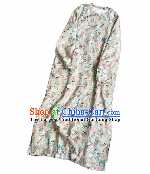 Chinese Traditional Tang Suit Printing Flax Cheongsam National Costume Qipao Dress for Women