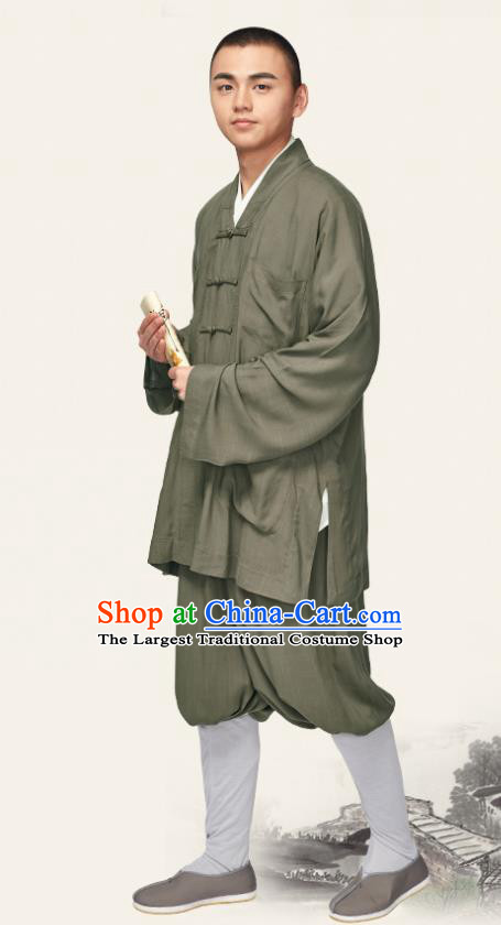 Traditional Chinese Monk Costume Meditation Olive Green Outfits Shirt and Pants for Men