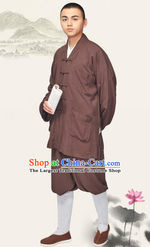 Traditional Chinese Monk Costume Meditation Brown Outfits Shirt and Pants for Men
