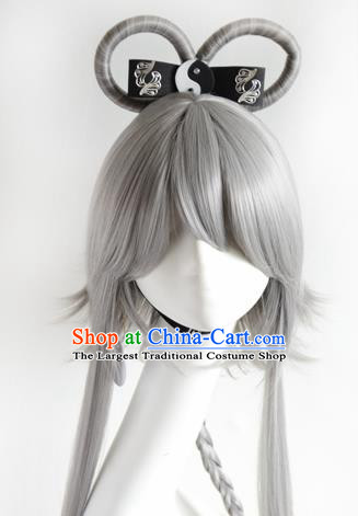 Top Grade Cosplay Fairy Swordsman Grey Wigs Hair Accessories for Women