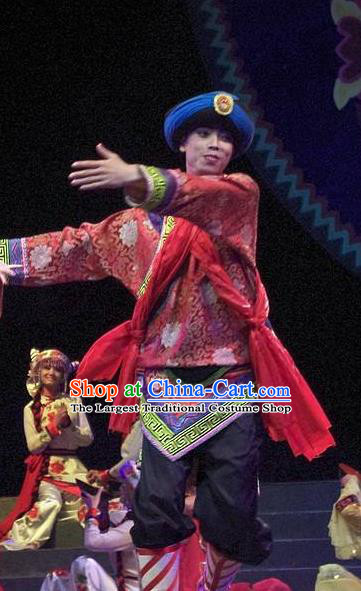 Phoenix Flying Qiang Dance Traditional Chinese Qiang Ethnic Minority Dance Wedding Red Costumes and Headwear for Men