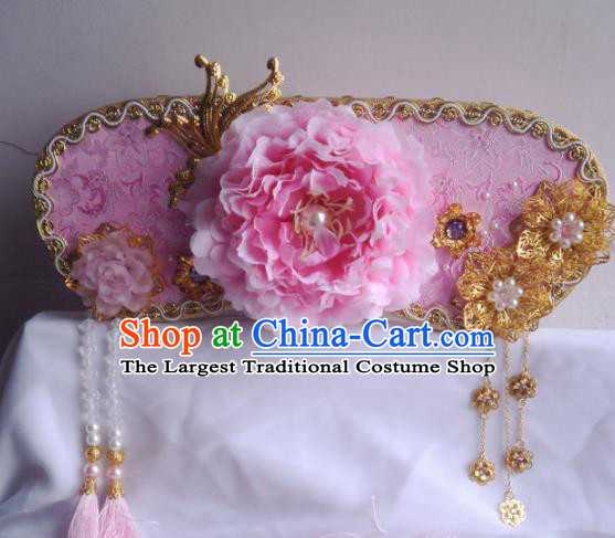 Traditional Chinese Ancient Qing Dynasty Princess Pink Peony Headwear Hanfu Hair Accessories for Women