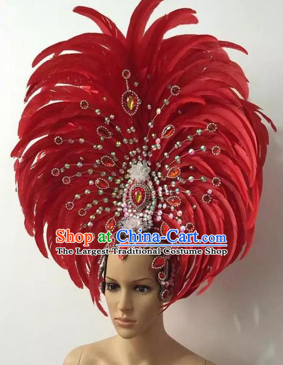 Top Halloween Red Crystal Feather Hat Brazilian Carnival Samba Dance Hair Accessories for Women