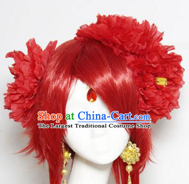 Traditional Japanese Cosplay Geisha Red Wigs and Red Peony Hair Accessories for Women