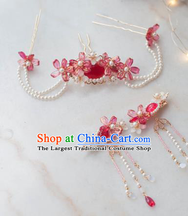 Traditional Chinese Classical Red Flowers Hair Clip Hairpins Ancient Princess Hanfu Hair Accessories for Women