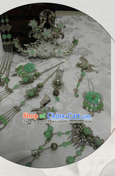 Traditional Chinese Classical Green Peony Hairpins Hair Combs Ancient Princess Hanfu Hair Accessories for Women